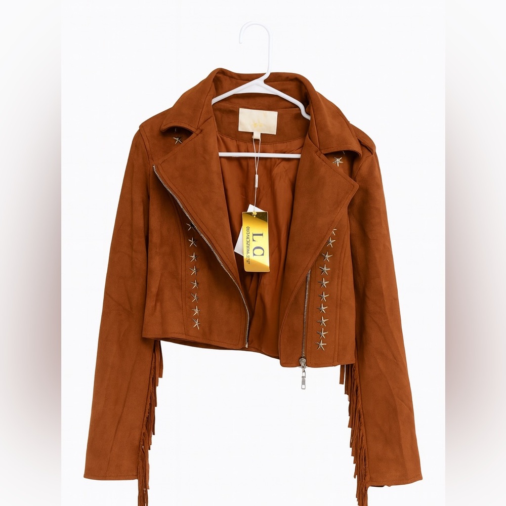 Tan Suede Leather Jacket with Fringe and Star Details - Picture 3 of 5